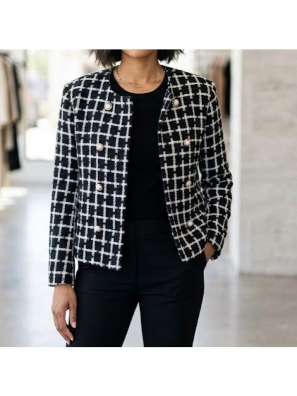 Vintage Louben Windowpane Tweed Jacket Womens Size 10 Black Elegant Old Money